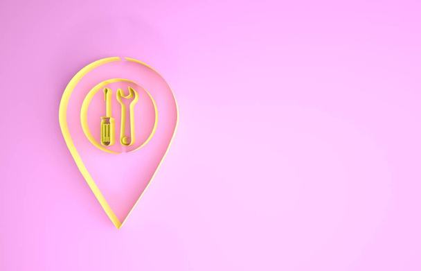 Yellow Location with crossed screwdriver and wrench tools icon isolated on pink background. Pointer settings symbol. Minimalism concept. 3d illustration 3D render - Photo, Image
