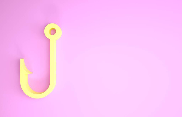 Yellow Fishing hook icon isolated on pink background. Minimalism concept. 3d illustration 3D render - Photo, Image