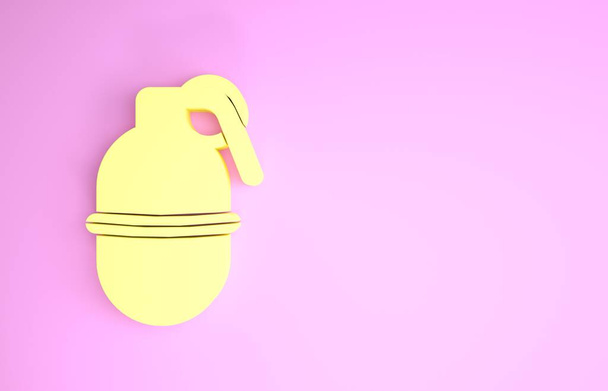 Жовта піктограма ручної гранати ізольована на рожевому фоні. Вибух бомби. Концепція мінімалізму. 3D ілюстрація 3D рендеринга
 - Фото, зображення