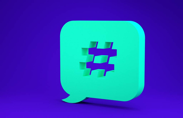 Zielona ikona bańki mowy Hashtag na niebieskim tle. Pojęcie znaku numerycznego, marketingu w mediach społecznościowych, mikroblogowania. Koncepcja minimalizmu. Ilustracja 3d - Zdjęcie, obraz