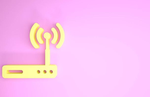 Roteador amarelo e ícone de símbolo de sinal wi-fi isolado no fundo rosa. Roteador de modem sem fio ethernet. Internet de tecnologia de computador. Conceito de minimalismo. 3D ilustração 3D render
 - Foto, Imagem