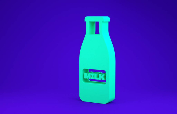Mavi zemin üzerinde süt ve kapak simgesi olan yeşil kapaklı cam şişe. Minimalizm kavramı. 3d illüstrasyon 3d canlandırma - Fotoğraf, Görsel