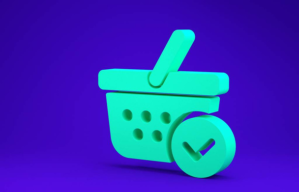 Zielony koszyk z ikoną znaku kontrolnego na niebieskim tle. Kosz supermarketów z zatwierdzonym, potwierdzonym, zaznaczonym, zakończonym symbolem. Koncepcja minimalizmu. Ilustracja 3d - Zdjęcie, obraz