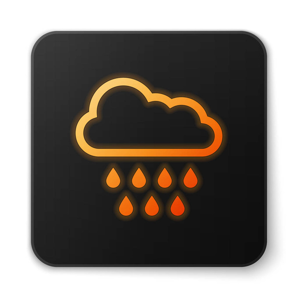 Πορτοκαλί λαμπερό νέον Σύννεφο με εικονίδιο βροχής απομονωμένο σε λευκό φόντο. Βροχή σύννεφο βροχόπτωση με σταγόνες βροχής. Μαύρο τετράγωνο κουμπί. Εικονογράφηση διανύσματος - Διάνυσμα, εικόνα