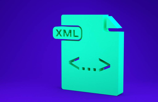 Green XML file document. Download xml button icon isolated on blue background. XML file symbol. Minimalism concept. 3d illustration 3D render - 写真・画像