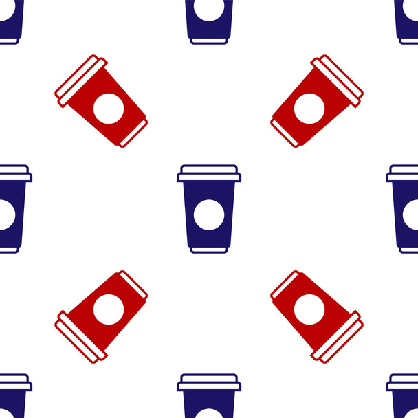 Azul e vermelho ícone xícara de café isolado padrão sem costura no fundo branco. Copo de café descartável com café quente. Ilustração vetorial
 - Vetor, Imagem