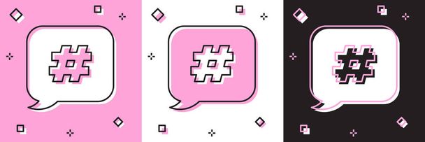 Ustaw ikonę bańki mowy Hashtag na różowym i białym, czarnym tle. Pojęcie znaku numerycznego, marketingu w mediach społecznościowych, mikroblogowania. Ilustracja wektora - Wektor, obraz