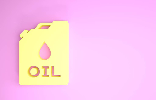 Gele plastic bus voor motor machine olie pictogram geïsoleerd op roze achtergrond. Olie gallon. Olie verandering service en reparatie. Motorolieteken. Minimalisme concept. 3d illustratie 3d renderen - Foto, afbeelding