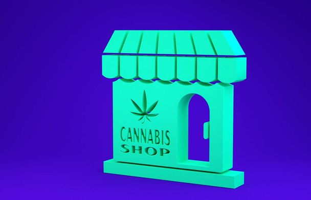 Mavi arka planda yeşil marihuana ve kenevir dükkanı ikonu var. Sigara içmek, tıbbi esrar depolamak için ekipman ve aksesuarlar. Minimalizm kavramı. 3d illüstrasyon 3d canlandırma - Fotoğraf, Görsel