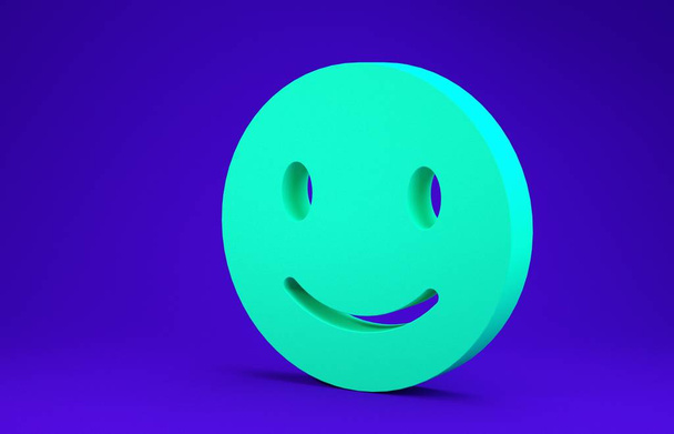 Green Smile icona del volto isolato su sfondo blu. emoticon sorridente. Felice smiley chat simbolo. Concetto minimalista. Illustrazione 3d rendering 3D - Foto, immagini