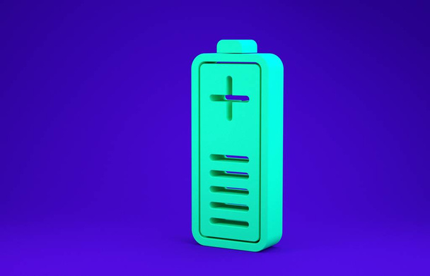 Grüne Batterieladestandsanzeige isoliert auf blauem Hintergrund. Minimalismus-Konzept. 3D Illustration 3D Renderer - Foto, Bild
