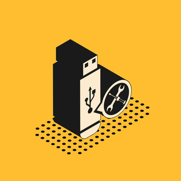 Isometrinen USB-muistitikku ruuvimeisselillä ja jakoavaimella eristetty keltaisella pohjalla. Säätö, palvelu, asetus, huolto, korjaus, korjaus. Vektorikuvaus
 - Vektori, kuva