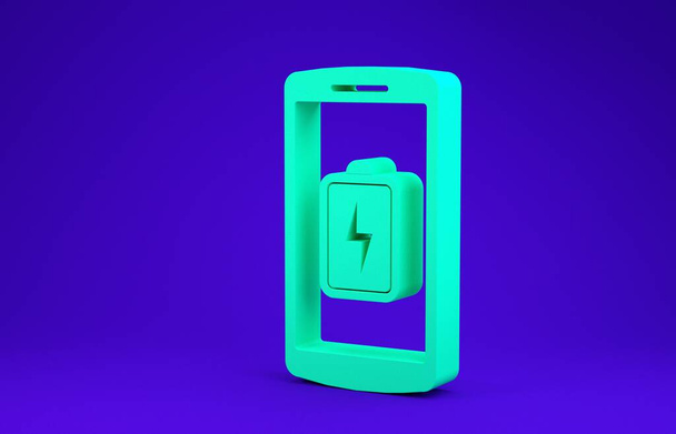 青の背景に隔離された緑のスマートフォンのバッテリー充電アイコン。バッテリー残量が少ない電話。最小限の概念。3Dイラスト3Dレンダリング - 写真・画像