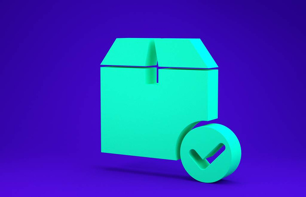 Boîte d'emballage verte avec icône de coche isolée sur fond bleu. Boîte de colis avec coche. Livraison approuvée ou reçu de colis réussi. Concept de minimalisme. Illustration 3D rendu 3D
 - Photo, image