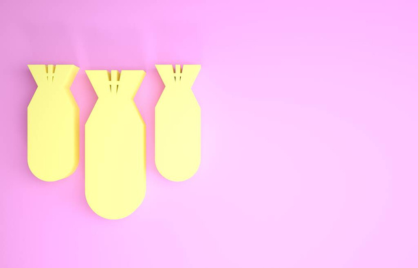 Ícone de bombas Amarelo Aviação isolado no fundo rosa. Uma bomba voa para baixo. Conceito de minimalismo. 3D ilustração 3D render
 - Foto, Imagem