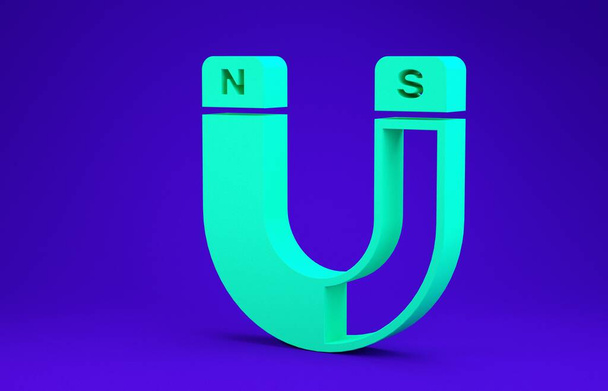 grünes Magnet-Symbol isoliert auf blauem Hintergrund. Hufeisenmagnet, Magnetismus, Magnetisieren, Attraktionszeichen. Minimalismus-Konzept. 3D Illustration 3D Renderer - Foto, Bild