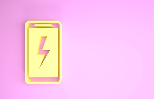 Żółty Smartphone ładowania ikona baterii izolowane na różowym tle. Telefon z niskim naładowaniem akumulatora. Koncepcja minimalizmu. Ilustracja 3d - Zdjęcie, obraz