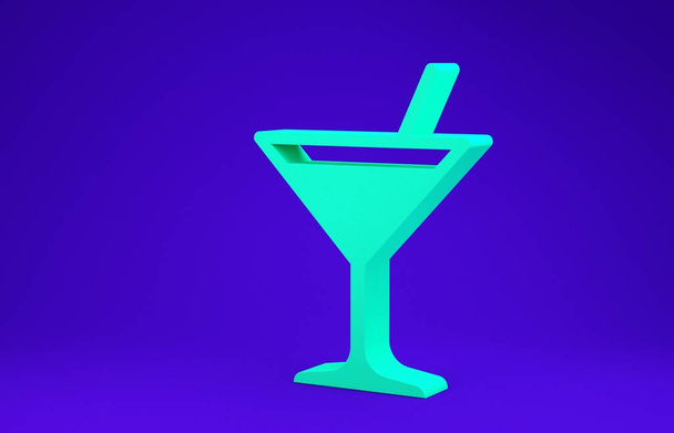 Icono de vidrio Martini verde aislado sobre fondo azul. Icono de cóctel. Icono de copa de vino. Concepto minimalista. 3D ilustración 3D render - Foto, Imagen