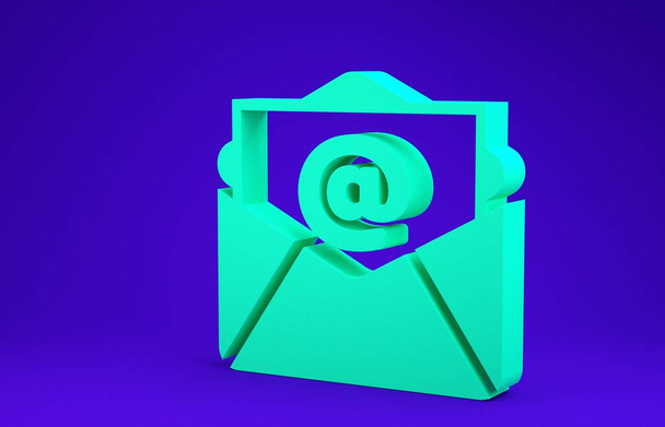 Icône Courrier vert et e-mail isolé sur fond bleu. E-mail du symbole de l'enveloppe. Signe de message électronique. Concept de minimalisme. Illustration 3D rendu 3D
 - Photo, image