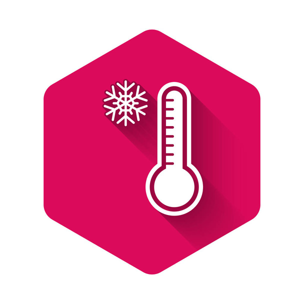 長い影で隔離された熱と冷たいアイコンを測定する白い気象温度計。高温または低温を示す温度計機器。ピンク六角形のボタン。ベクターイラスト - ベクター画像