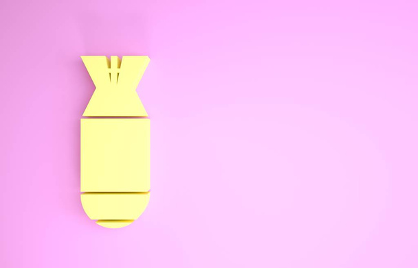 Ícone de bomba Amarelo Aviação isolado no fundo rosa. Uma bomba voa para baixo. Conceito de minimalismo. 3D ilustração 3D render
 - Foto, Imagem