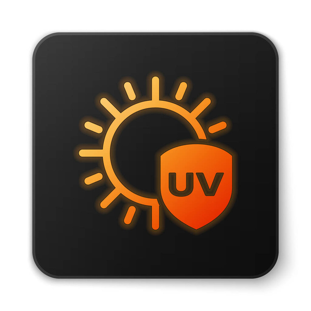 Icona di protezione UV fluorescente arancione incandescente isolata su sfondo bianco. Sole e scudo. Radiazioni ultraviolette. Segno solare SPF. Pulsante quadrato nero. Illustrazione vettoriale
 - Vettoriali, immagini
