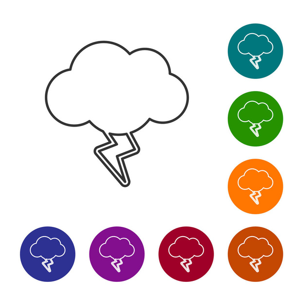 Grey line Storm icon isolated on white background. Cloud and lightning sign. Weather icon of storm. Set icons in color circle buttons. Vector Illustration - Vector, Imagen