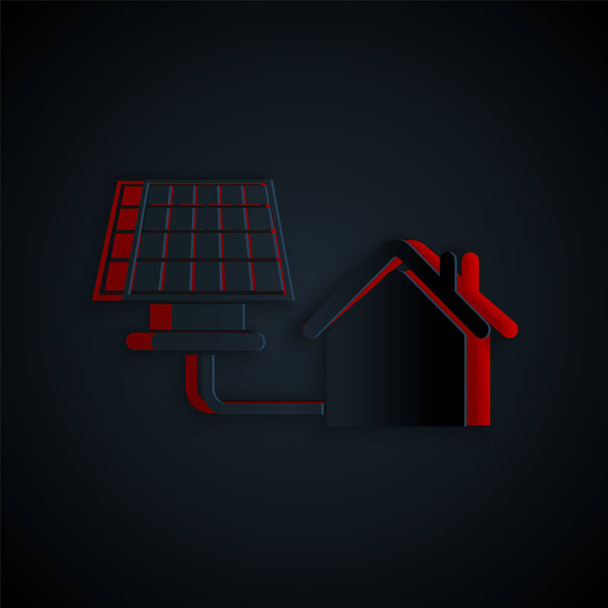 Papiergeschnittenes Haus mit Solarzellen-Symbol isoliert auf schwarzem Hintergrund. Ökologie, solare erneuerbare Energien. umweltfreundliches Haus. Umweltschutz. Papierkunst. Vektorillustration - Vektor, Bild