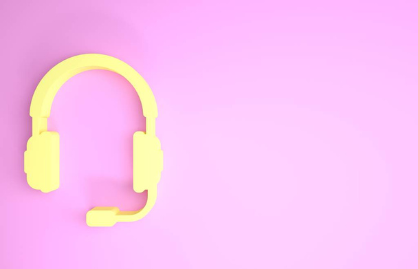 Κίτρινα ακουστικά με εικονίδιο μικροφώνου απομονωμένο σε ροζ φόντο. Αντίληψη αντικείμενο για την ακρόαση μουσικής, υπηρεσιών, επικοινωνίας και χειριστή. Μινιμαλιστική έννοια. 3D απεικόνιση 3d καθιστούν - Φωτογραφία, εικόνα