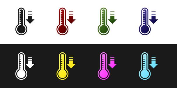 Állítsa Meteorológiai hőmérő mérésére hő és hideg ikon elszigetelt fekete-fehér alapon. Hőmérő berendezés, amely meleg vagy hideg időjárást mutat. Vektorillusztráció - Vektor, kép
