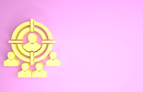 gelbes Marketingziel-Strategiekonzept-Symbol isoliert auf rosa Hintergrund. Ziel mit Menschen unterschreiben. Minimalismus-Konzept. 3D Illustration 3D Renderer - Foto, Bild