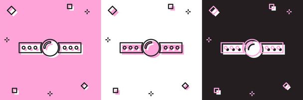 Set Silikonový roubík s koženým opaskem ikona izolované na růžové a bílé, černé pozadí. Fetišistický doplněk. Sexuální hračka pro muže a ženy. Vektorová ilustrace - Vektor, obrázek