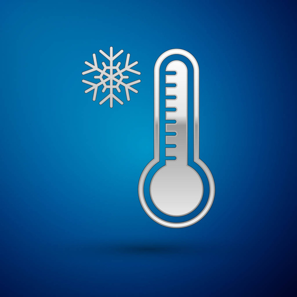 Серебряный метеорологический термометр, измеряющий тепло и холодную иконку на синем фоне. Термометр показывает жаркую или холодную погоду. Векторная миграция
 - Вектор,изображение