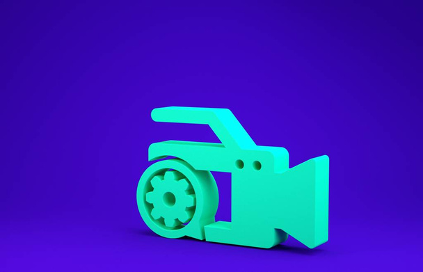 Green Video camera and gear icon isolated on blue background. Adjusting app, service concept, setting options, maintenance, repair, fixing. Minimalism concept. 3d illustration 3D render - Photo, Image