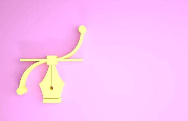 ピンクの背景に隔離された黄色のベジェ曲線アイコン。ペンツールのアイコン。最小限の概念。3Dイラスト3Dレンダリング - 写真・画像