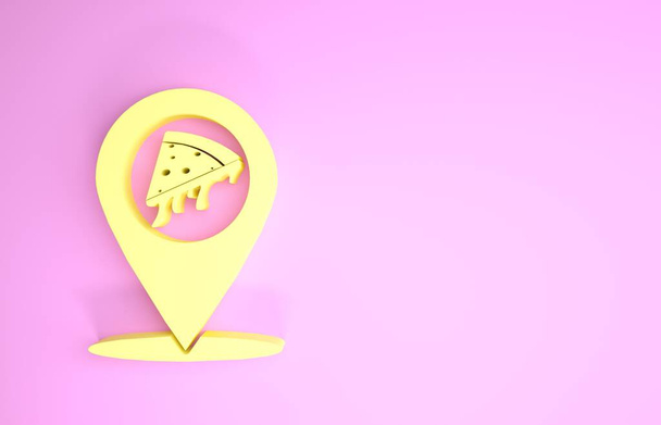 Ponteiro de mapa amarelo com ícone de pizza de fatia de fast food isolado no fundo rosa. Ícone de localização da pizzaria. Pizza café e restaurante marcador. Conceito de minimalismo. 3D ilustração 3D render
 - Foto, Imagem
