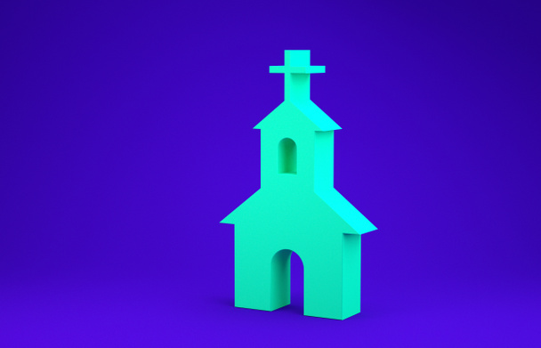 Zöld templom épület ikon elszigetelt kék háttérrel. Keresztény egyház. Az egyház vallása. Minimalizmus koncepció. 3d illusztráció 3D render - Fotó, kép