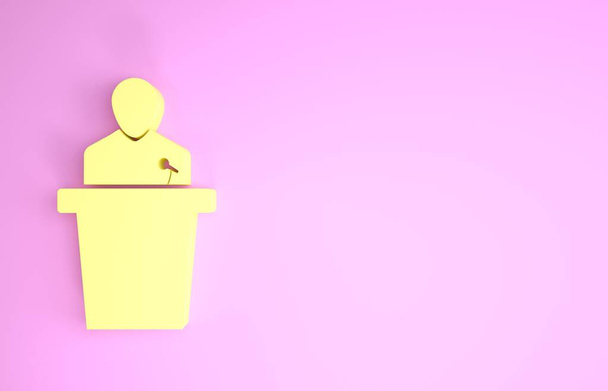 Sárga hangszóró ikon elszigetelt rózsaszín háttérrel. Szónok beszél a tribunusból. Nyilvános beszéd. Személy a pódiumon. Minimalizmus koncepció. 3d illusztráció 3d render - Fotó, kép