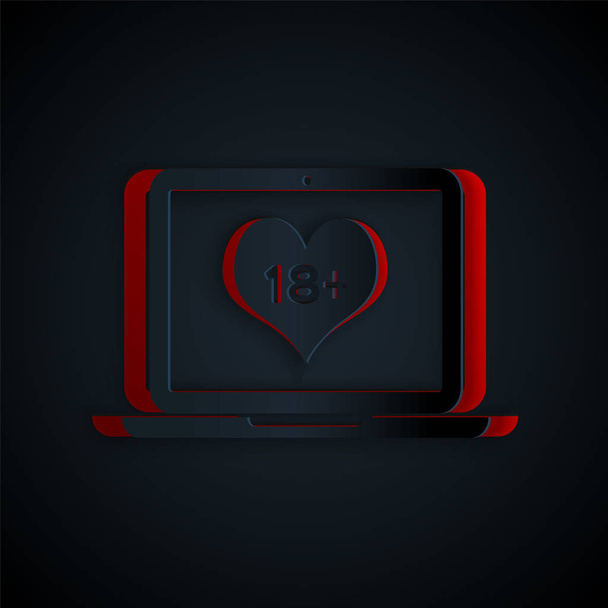 Paper cut Laptop computer with 18 plus content heart icon isolated on black background. Age restriction symbol. 18 plus content sign. Adult channel. Paper art style. Vector Illustration - Vector, Image