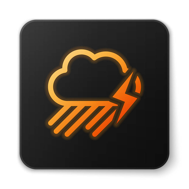 Orange glowing neon Cloud with rain and lightning icon isolated on white background. Rain cloud precipitation with rain drops.Weather icon of storm. Black square button. Vector Illustration - Vector, Image