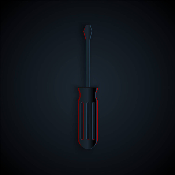 Paper cut Screwdriver icon isolated on black background. Service tool symbol. Paper art style. Vector Illustration - Вектор,изображение