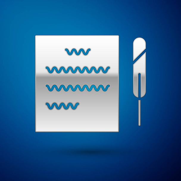 Stříbrné pero a papírový svitek ikona izolované na modrém pozadí. Vektorová ilustrace - Vektor, obrázek