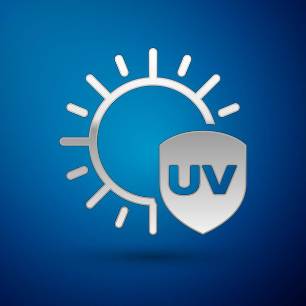 Icona di protezione UV argento isolata su sfondo blu. Sole e scudo. Radiazioni ultraviolette. Segno solare SPF. Illustrazione vettoriale
 - Vettoriali, immagini