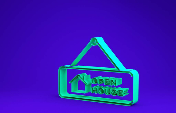 Green Hanging πινακίδα με κείμενο Open house εικονίδιο απομονώνονται σε μπλε φόντο. Πινακίδα με κείμενο Open house. Μινιμαλιστική έννοια. 3D απεικόνιση 3d καθιστούν - Φωτογραφία, εικόνα