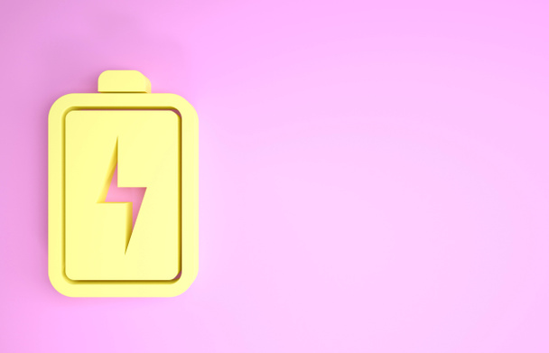 Icono de la batería amarilla aislado sobre fondo rosa. Rayo símbolo del perno. Concepto minimalista. 3D ilustración 3D render
 - Foto, imagen