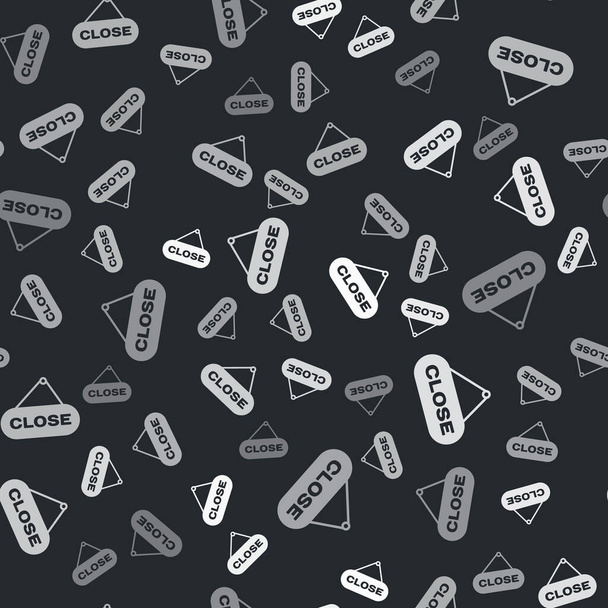 graues Hängeschild mit Textschloss-Symbol isoliert nahtloses Muster auf schwarzem Hintergrund. Business-Thema für Café oder Restaurant. Vektorillustration - Vektor, Bild