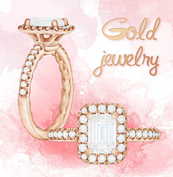 Gold jewelry. Two gold rings on a pink watercolor background. - 写真・画像