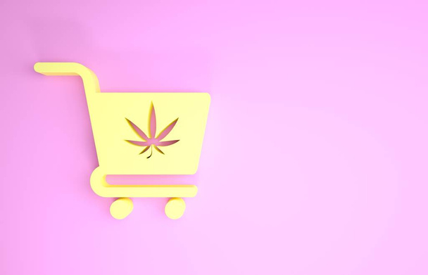Panier jaune avec icône de marijuana ou de feuille de cannabis isolé sur fond rose. Achat en ligne. Service de livraison. Panier de supermarché. Concept de minimalisme. Illustration 3D rendu 3D
 - Photo, image