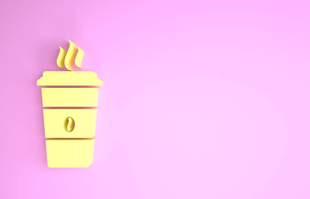 Icono de taza de café amarillo aislado sobre fondo rosa. taza de café desechable con café caliente. Concepto minimalista. 3D ilustración 3D render
 - Foto, Imagen
