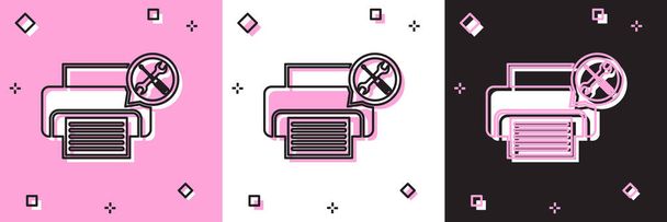 Set Impresora con destornillador e icono de llave inglesa aislado sobre fondo rosa y blanco, negro. Ajuste, servicio, ajuste, mantenimiento, reparación, fijación. Ilustración vectorial
 - Vector, Imagen
